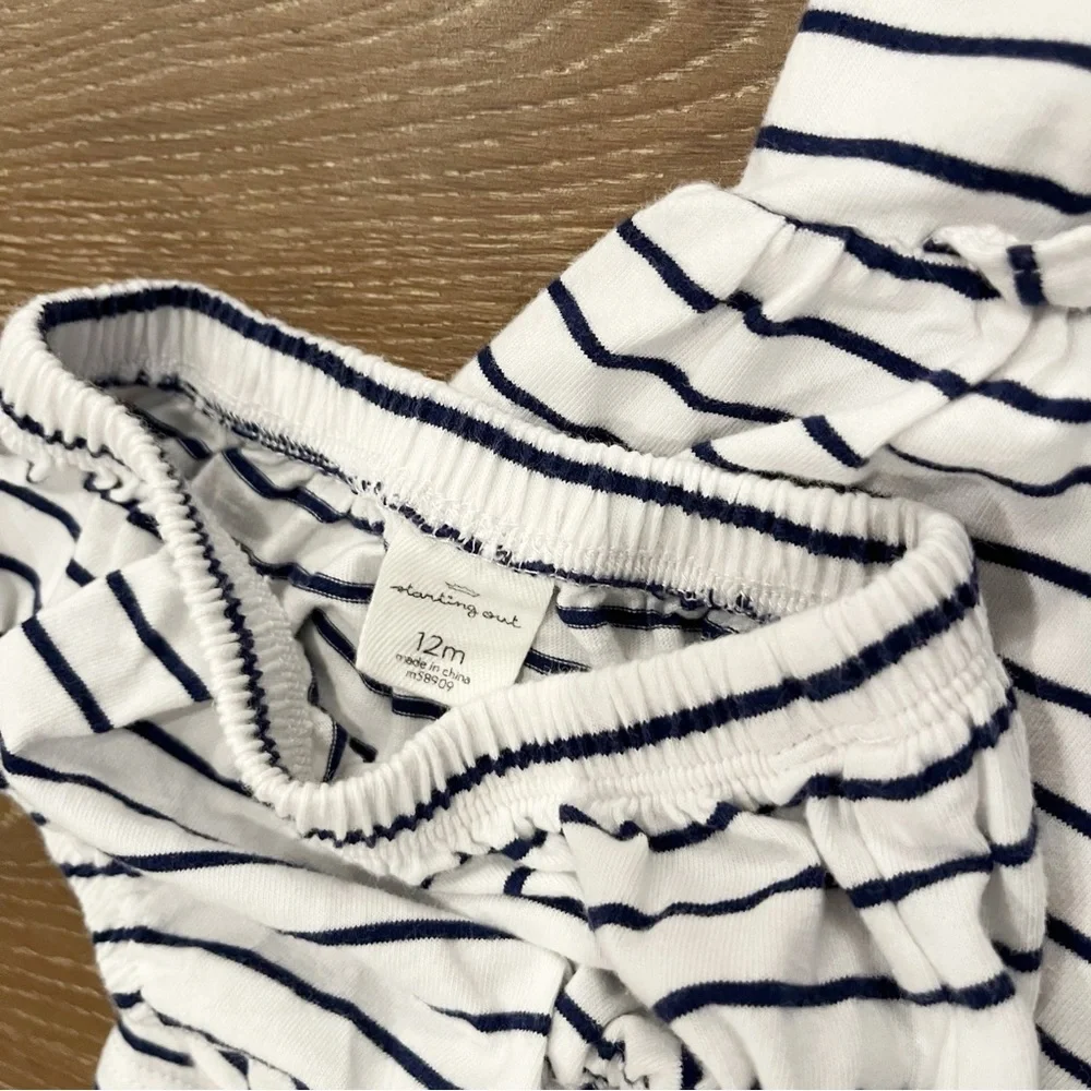 Starting Out Baby Girl White Blue Ruffled Stripped Dress Outfit Size 12 Months